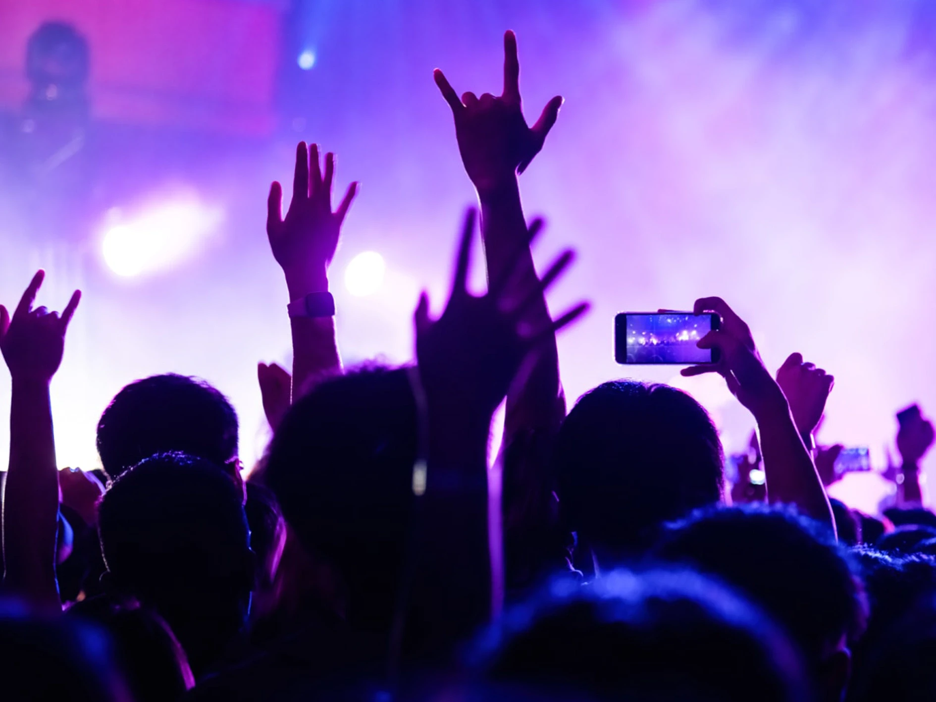 concert-and-live-show Crowd with hands raised at a concert, with purple lighting and one person taking a photo with a phone.