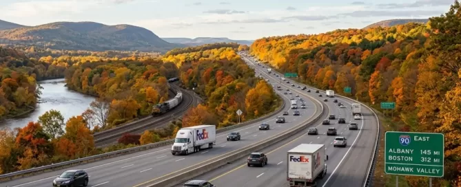 Open highway on I-90 East through the Mohawk Valley — Buffalo to Boston road trip route in autumn