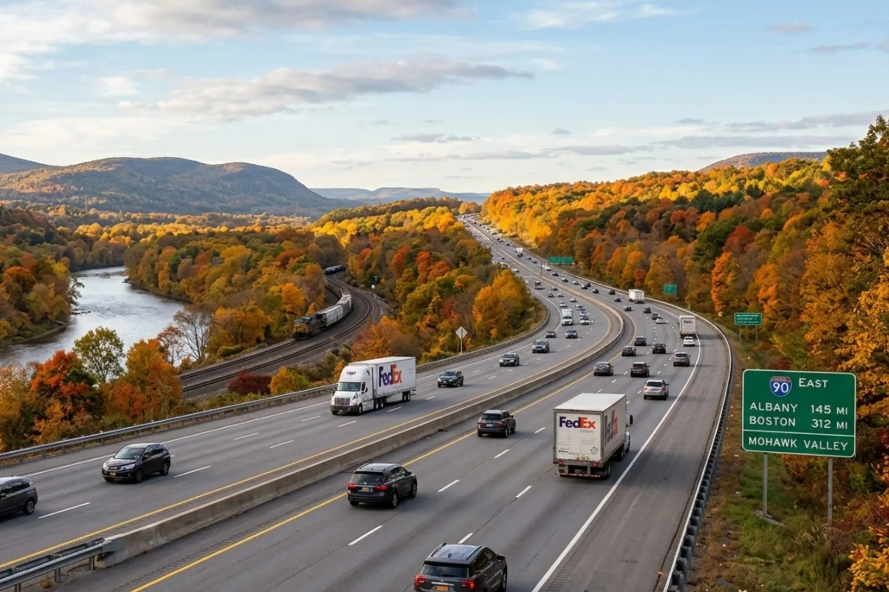 Open highway on I-90 East through the Mohawk Valley — Buffalo to Boston road trip route in autumn