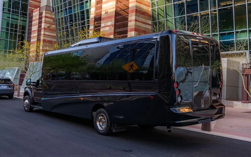 Side view of a luxury 28-passenger Mini Coach featuring tinted windows and a sleek black finish