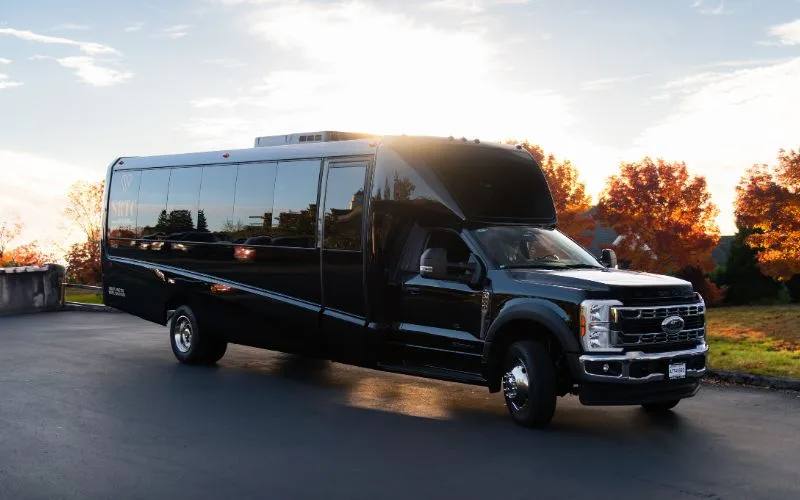 Spacious 28 PAX Mini Coach cabin with three-row black quilted leather seating and wood flooring