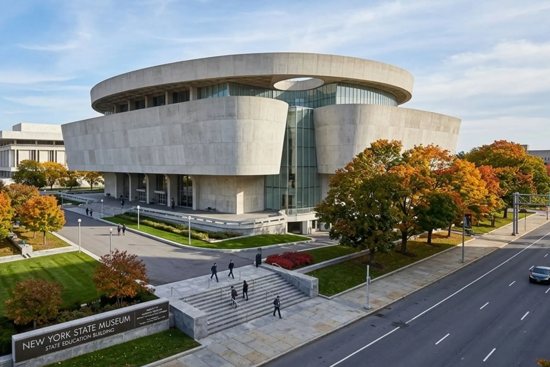 New York State Museum exterior in Albany — midpoint stop on the Buffalo to Boston I-90 corridor