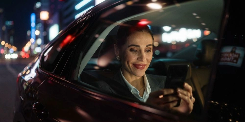 businesswoman smiling while using phone in car at night businesswoman smiling while using phone in car at night