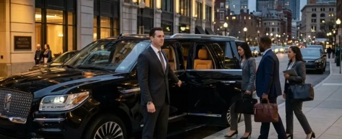 chaufeur opening car door for business people in city