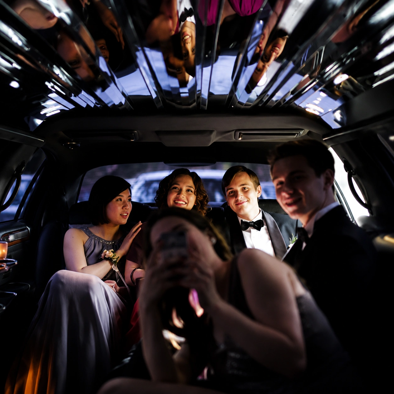 Friends enjoying a luxury limousine ride on prom night.