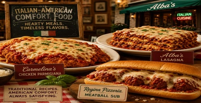 Italian-American comfort food featuring chicken parmigiana, lasagna, and a meatball sub on a rustic restaurant table.