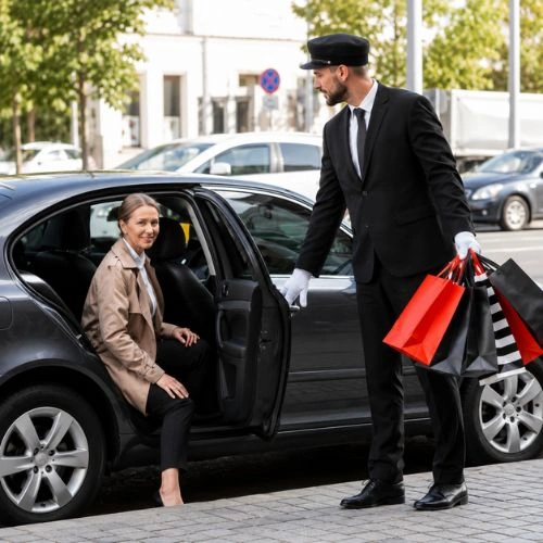 Luxury chauffeur helping a passenger exit a premium sedan with shopping bags.