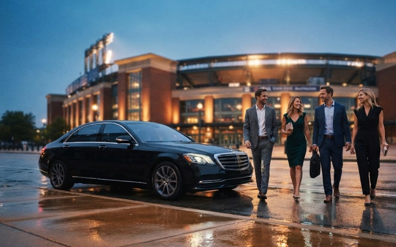 Black sedan providing game day transportation to Fenway Park.