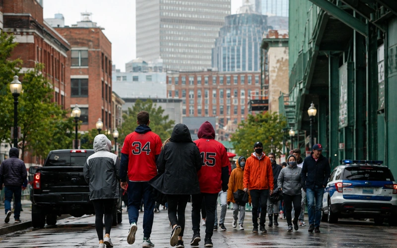 Crowds walking near a Boston stadium.