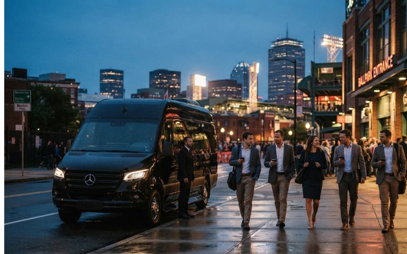 Executive Sprinter shuttle picking up passengers outside a busy Boston event venue at night.