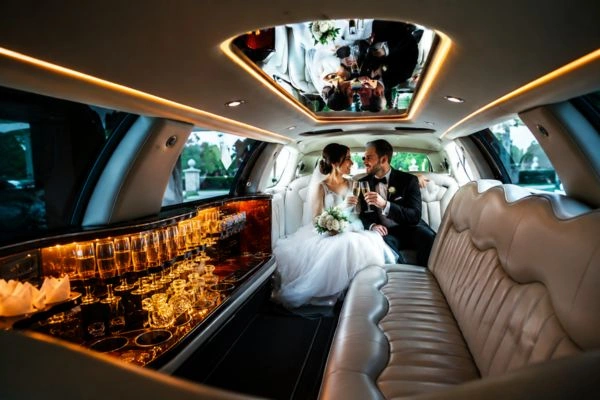 Bride and groom seated inside a luxury limousine