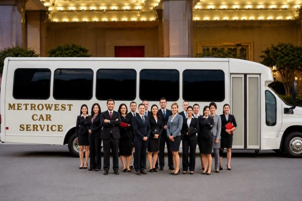 Professional-team-standing-in-front-of-a-white-MetroWest-Car-Service-shuttle-bus-outside-a-building MetroWest Car Service shuttle ready for a group