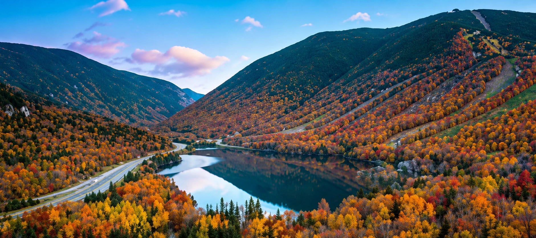 Scenic-New-Hampshire-mountain-road-and-lake-view