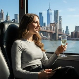 Woman enjoying a luxury charter bus ride in Boston